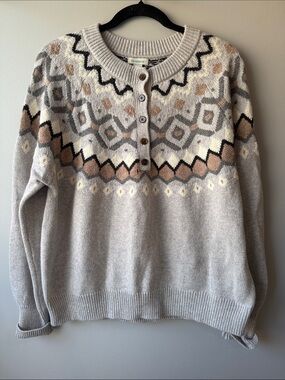 Sundance Neutral Fair Isle Henley Sweater - Light Gray, Cream, Tan soft XL